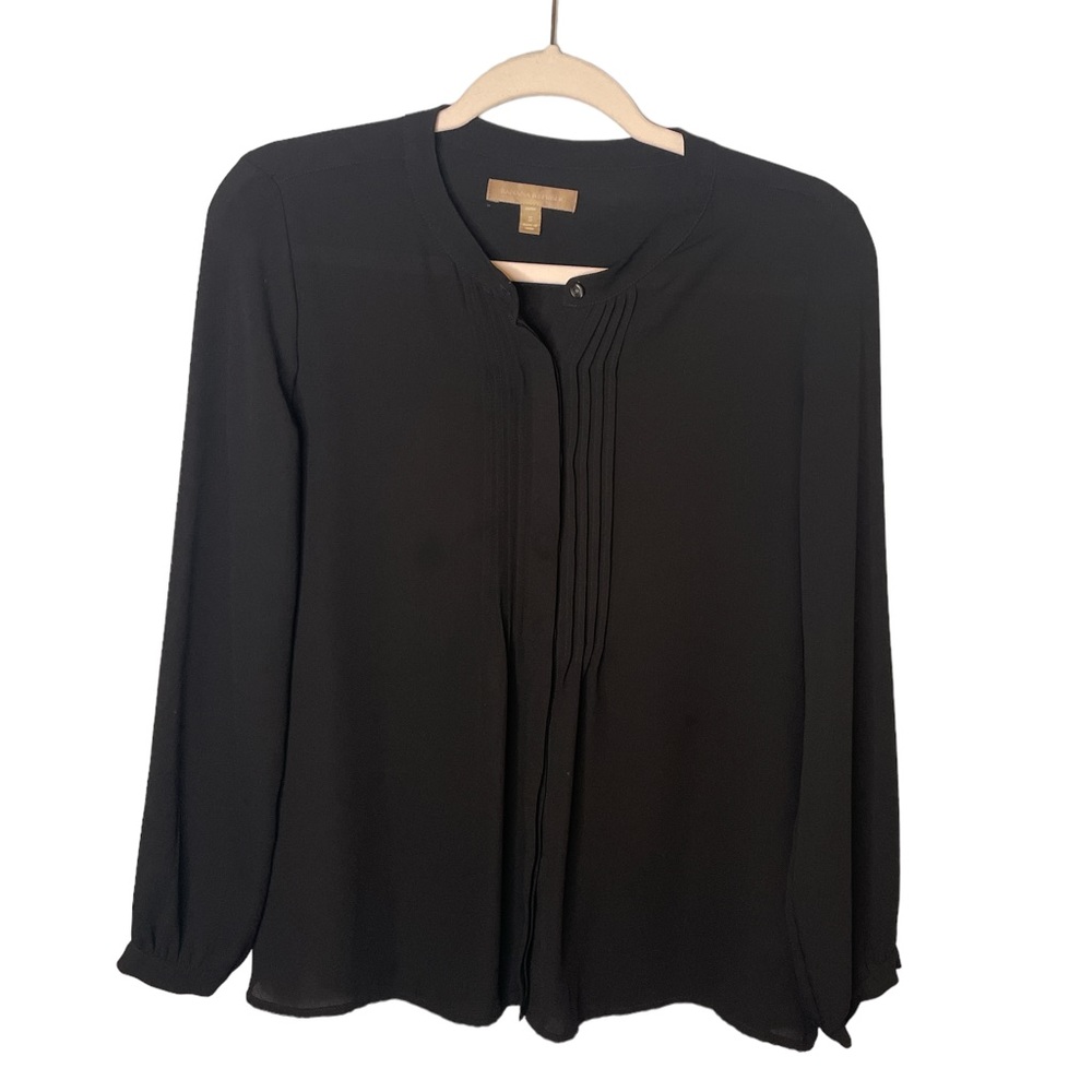 Banana Republic Long Sleeve Black Pleated Button Up Blouse Size Petite S…